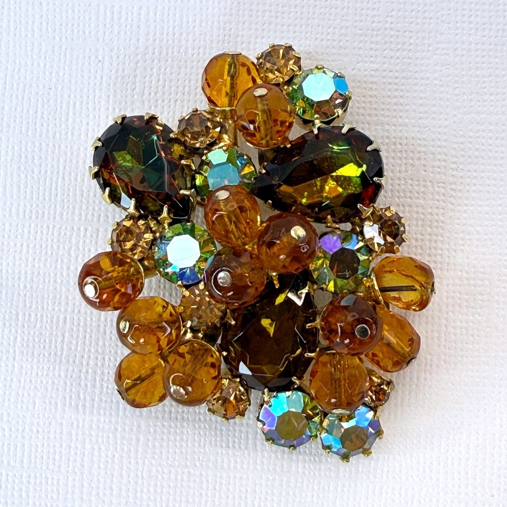 Vintage Amber Aurora Borealis Crystal Cluster Brooch Gold Tone Fall Rhinestone
